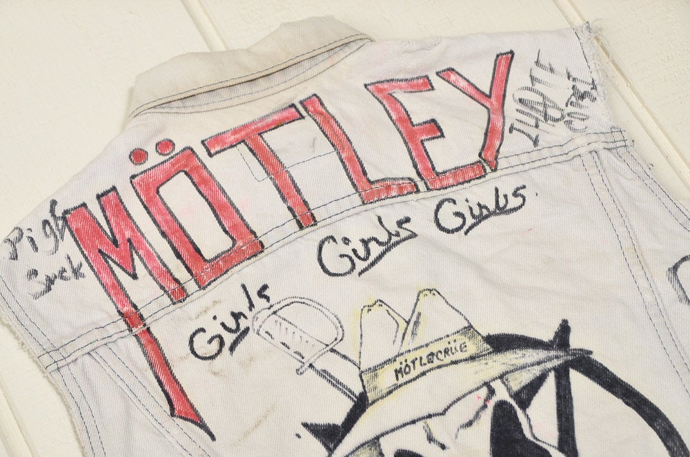 80s Motley Crue Levis Jean Vest Hand Painted Fan Art Hesher Metal Vest