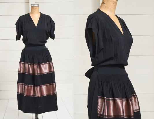 1940s Dress Black Rayon with Pink Silk Color Blocking Benham Original Plus Size Deco Dress