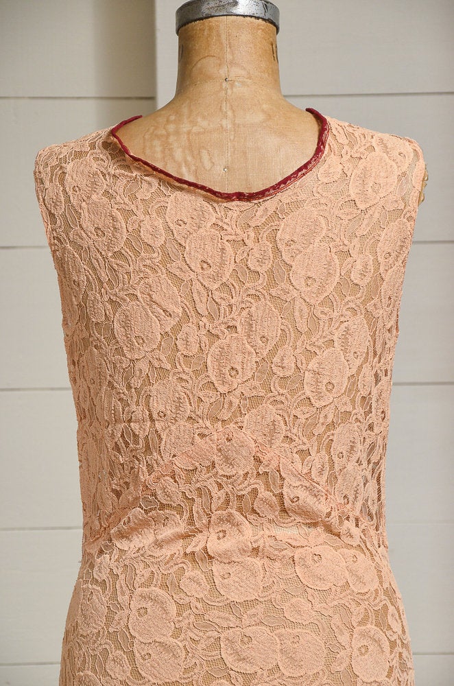 1920s Peach Lace Dress Sherbet Pastel Fitted Evening Dress