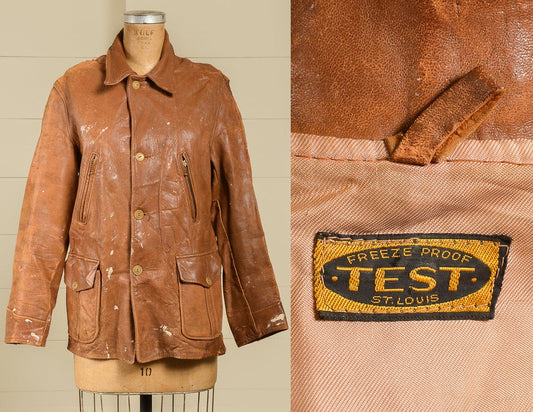 1940s TEST Leather Sport Coat Pleated Back Brown Leather Distressed Freeze Proof Test Motorcycle Jacket