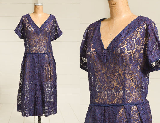 1950s Navy Lace Wiggle Dress Full Figure Hourglass Navy Blue Sheer Cocktail Dress.