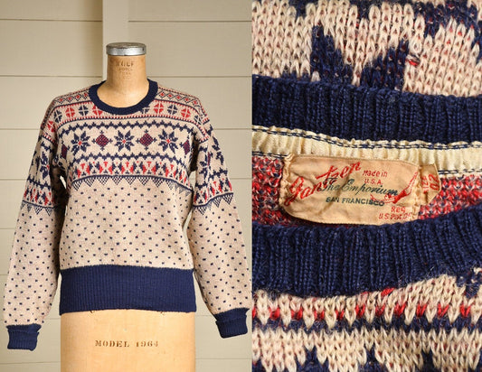 1940s Jantzen Snowflake Sweater Red White & Blue Wool Knit Ski Lodge Sweater