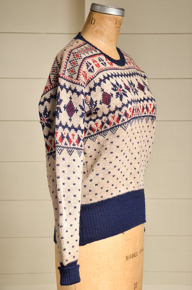 1940s Jantzen Snowflake Sweater Red White & Blue Wool Knit Ski Lodge Sweater