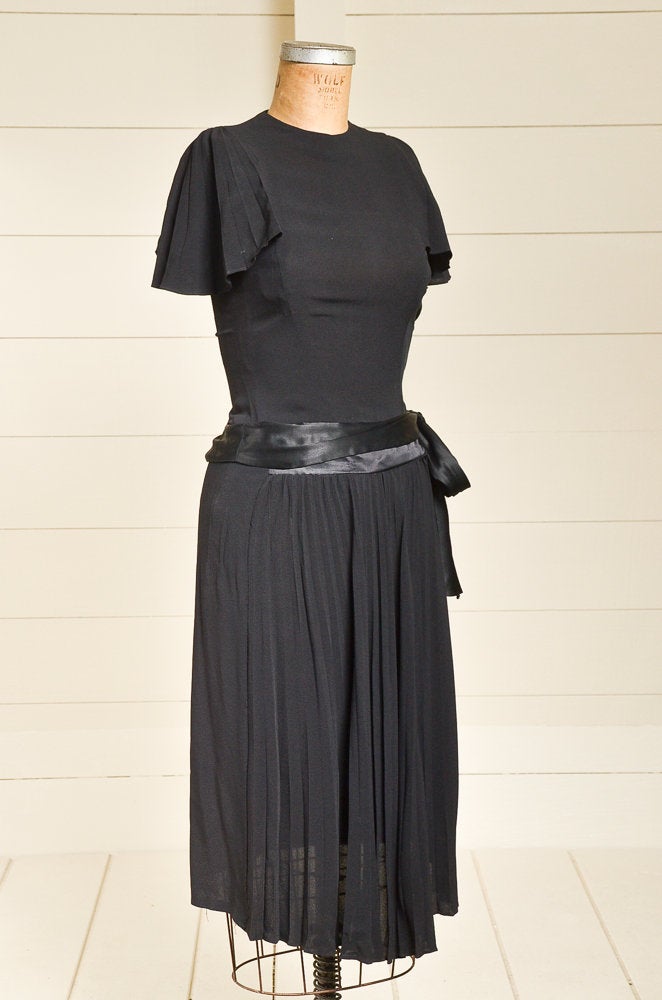 1940s Accordion Sleeve Cocktail Dress Black Rayon w/ Satin Waist Deco Dress