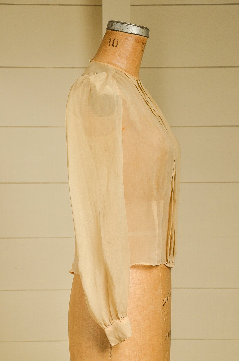 Antique Silk Blouse Sheer Ivory Button Back Pleated Deco Blouse