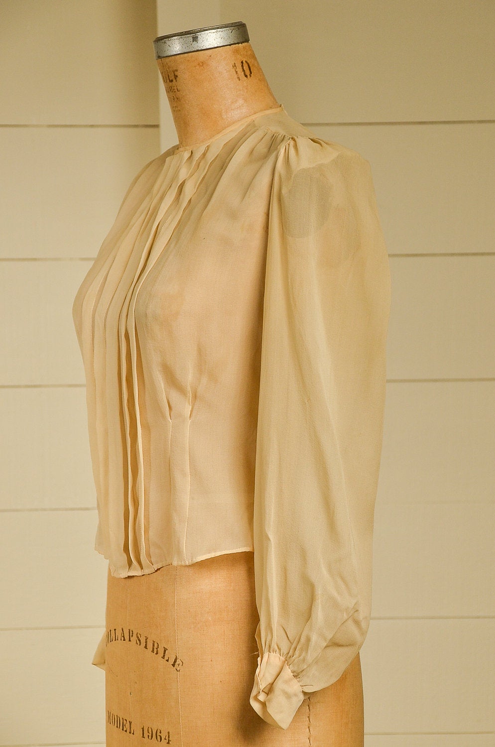 Antique Silk Blouse Sheer Ivory Button Back Pleated Deco Blouse