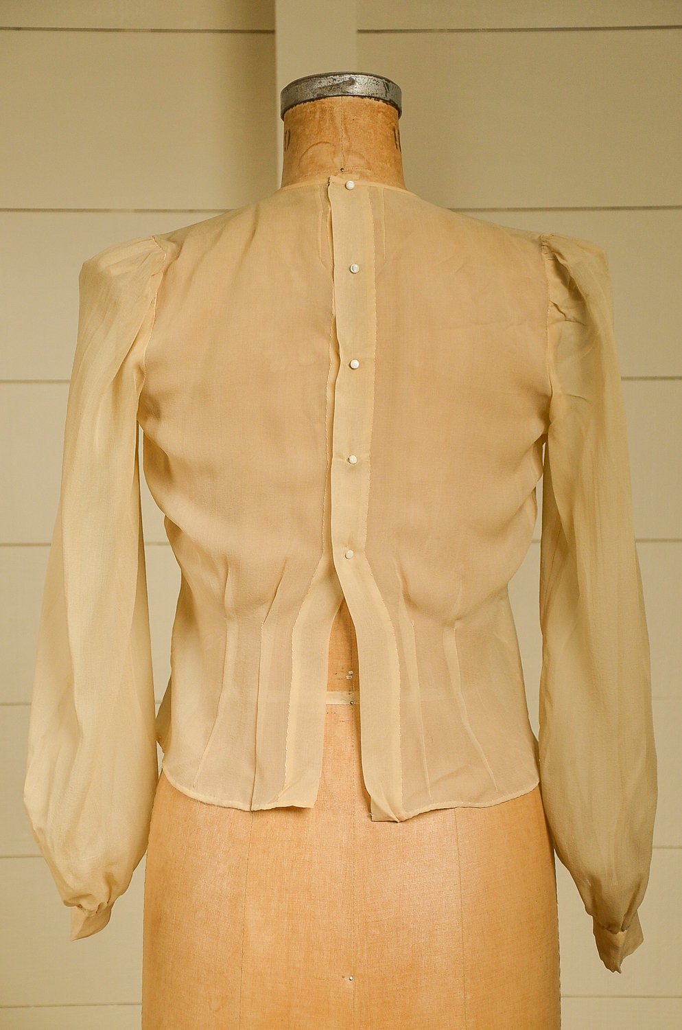 Antique Silk Blouse Sheer Ivory Button Back Pleated Deco Blouse