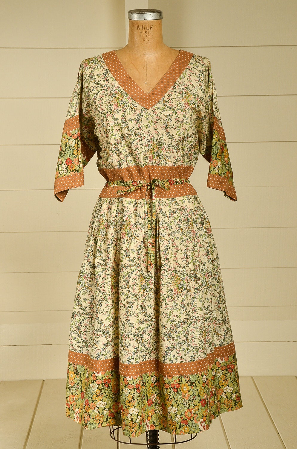 Vintage Patchwork Style Cotton Day Dress Earth Tone Floral Shaker Dress