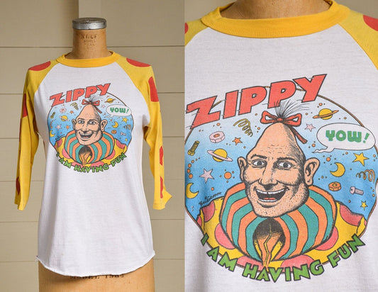 80s Zippy the Pinhead Cartoon Shirt w/ Pepperoni Pizza Sleeves Bill Griffith Comic Book Tee