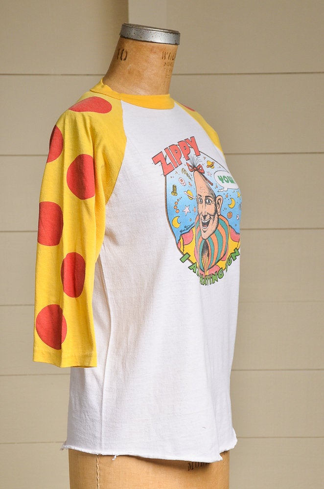 80s Zippy the Pinhead Cartoon Shirt w/ Pepperoni Pizza Sleeves