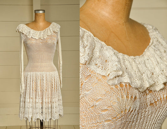 1920s Crochet Dress White Satin Lace See Thru Midi Flapper Dress