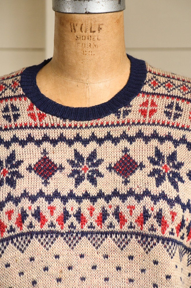 1940s Jantzen Snowflake Sweater Red White & Blue Wool Knit Ski Lodge Sweater