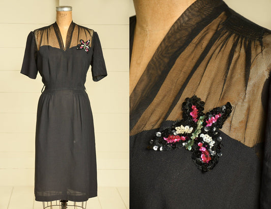 1940s Butterfly Sequin Beaded Black Rayon Cocktail Deco Dress