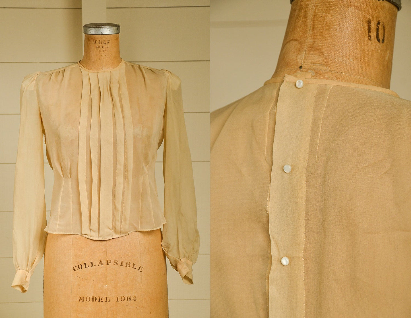 Antique Silk Blouse Sheer Ivory Button Back Pleated Deco Blouse