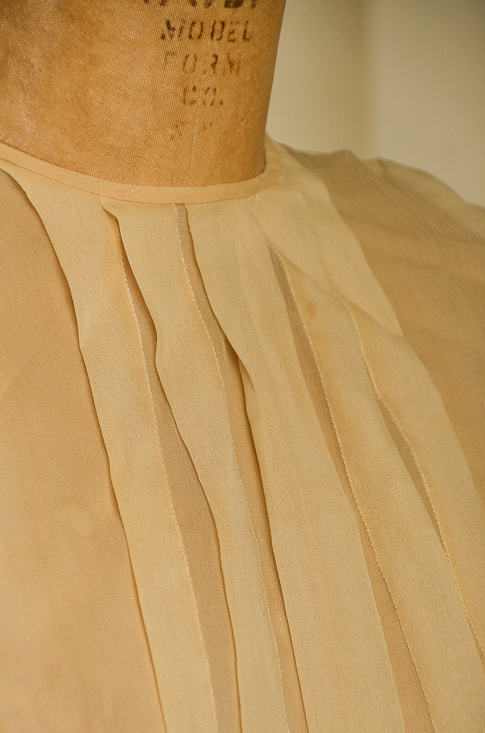 Antique Silk Blouse Sheer Ivory Button Back Pleated Deco Blouse