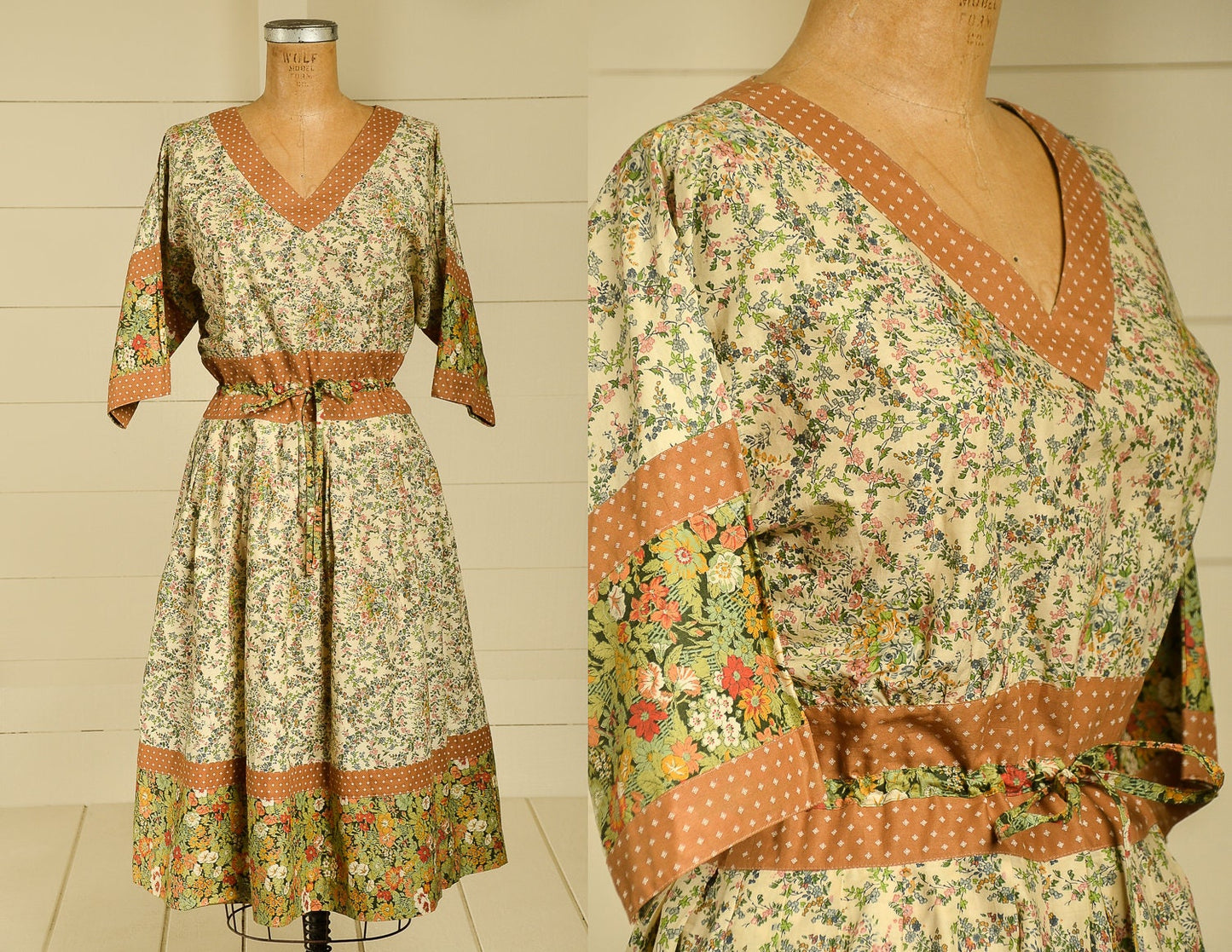 Vintage Patchwork Style Cotton Day Dress Earth Tone Floral Shaker Dress