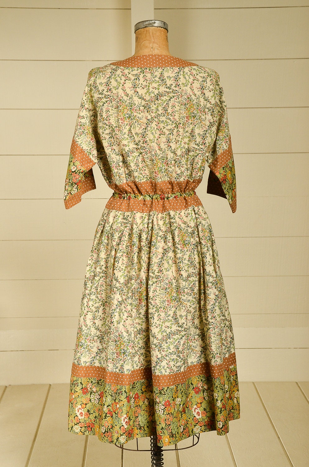 Vintage Patchwork Style Cotton Day Dress Earth Tone Floral Shaker Dress