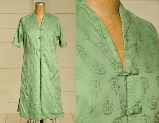 1950s Sage Green Silk Brocade Hawaiian Souvenir Midi Dress