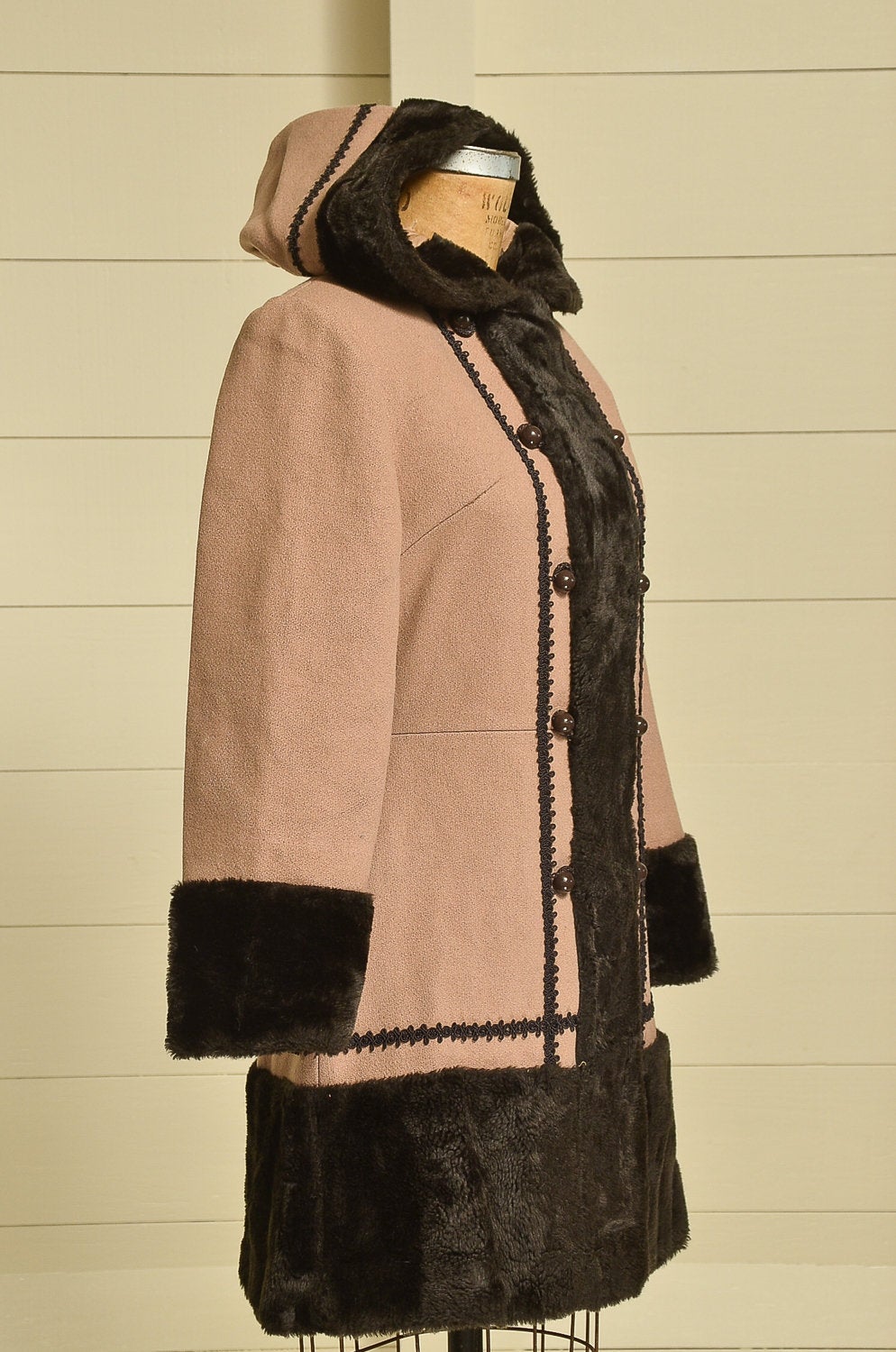 70s Princess Coat Faux Fur with Wool Button Down Hooded Pea Coat