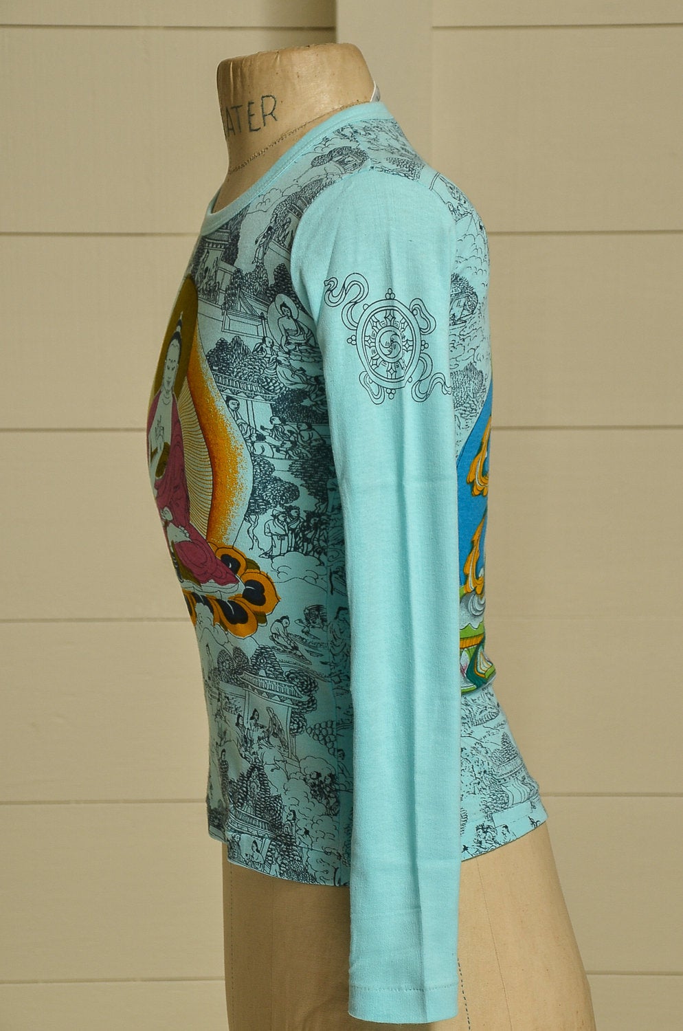 Vintage Tibetan Buddhism Hand Blocked All Over Print Turquoise Long Sleeve Cotton Import T Shirt Deadstock