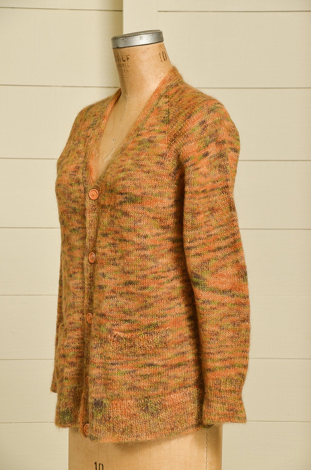 1960s Mohair Cardigan Sweater Space Dye Button Down Pouch Pocket Cardigan Sweater