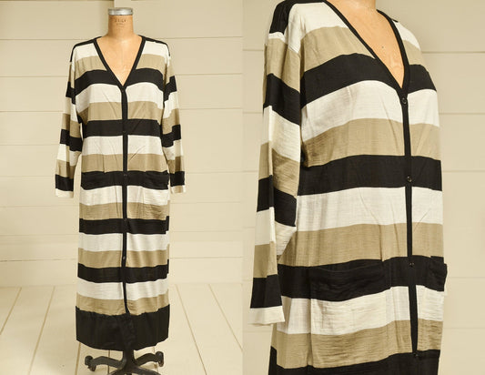 1980s Modern Stripe Dress  Button Down V Neck Avant Garde Long Sleeve Midi Dress