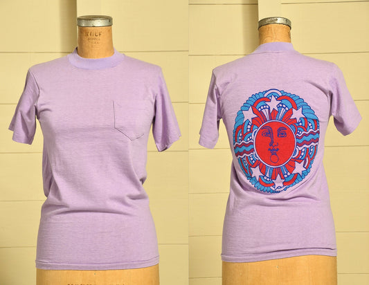 1970s Psychedelic Novelty T Shirt Purple Single Pocket Hippie Sun T Shirt