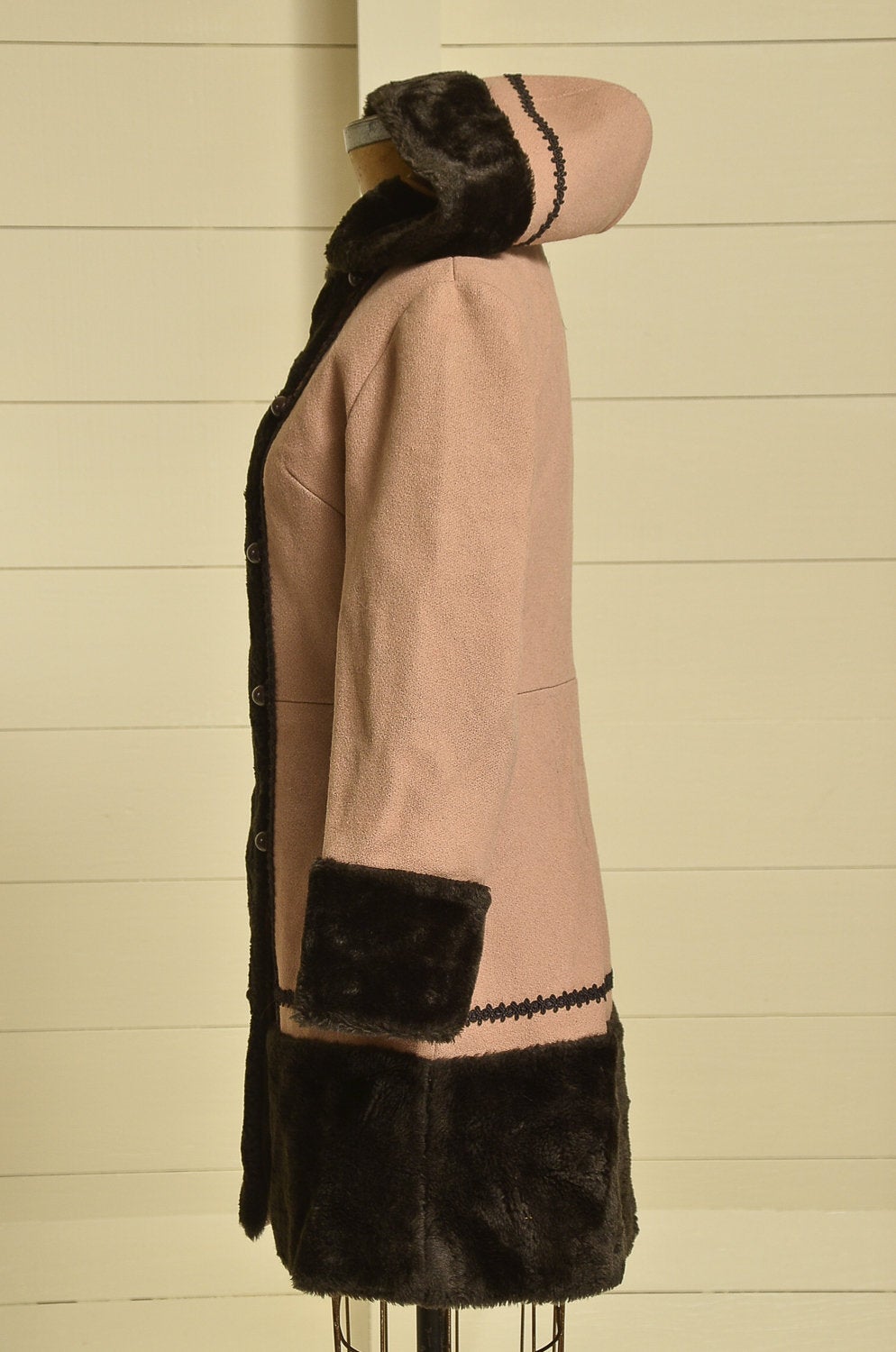 70s Princess Coat Faux Fur with Wool Button Down Hooded Pea Coat