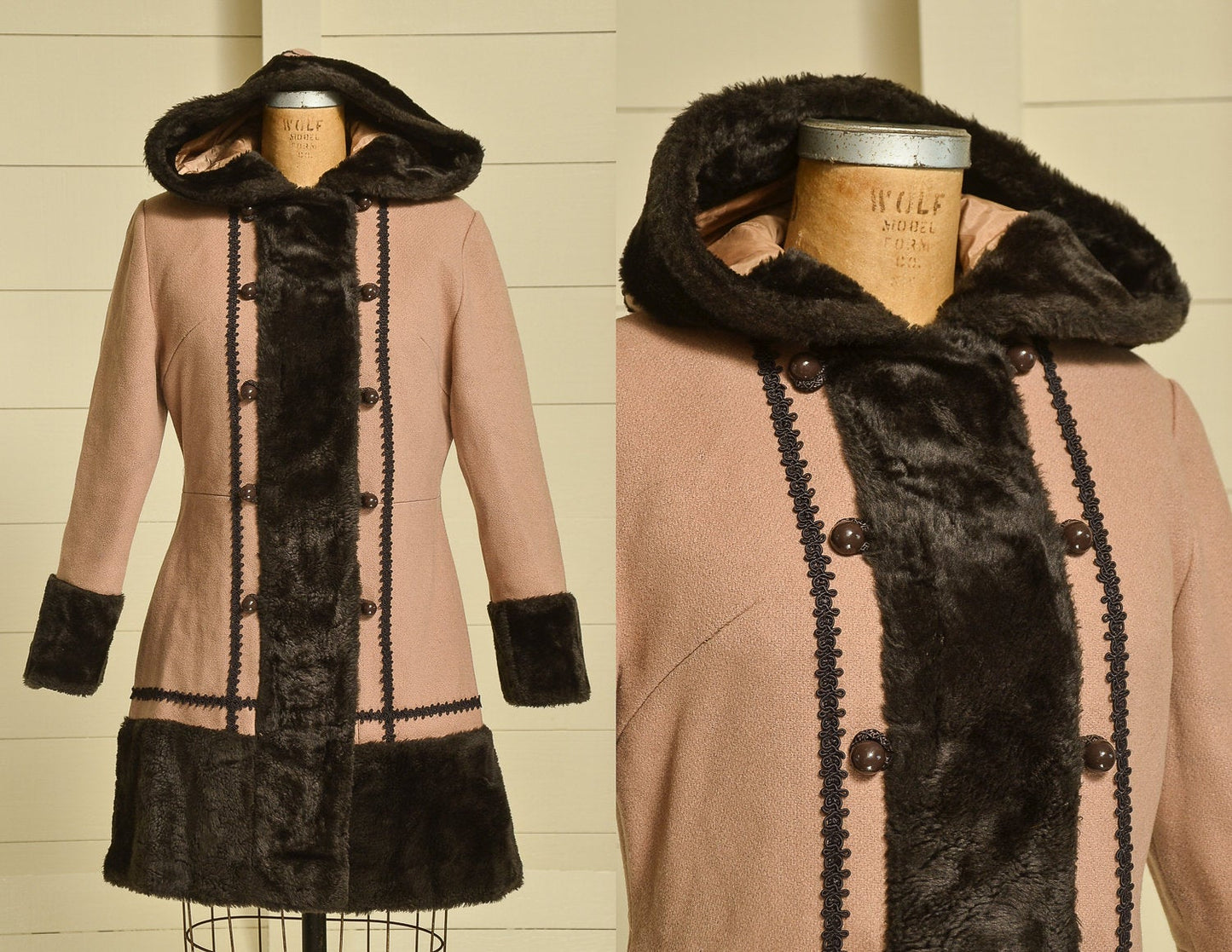 70s Princess Coat Faux Fur with Wool Button Down Hooded Pea Coat