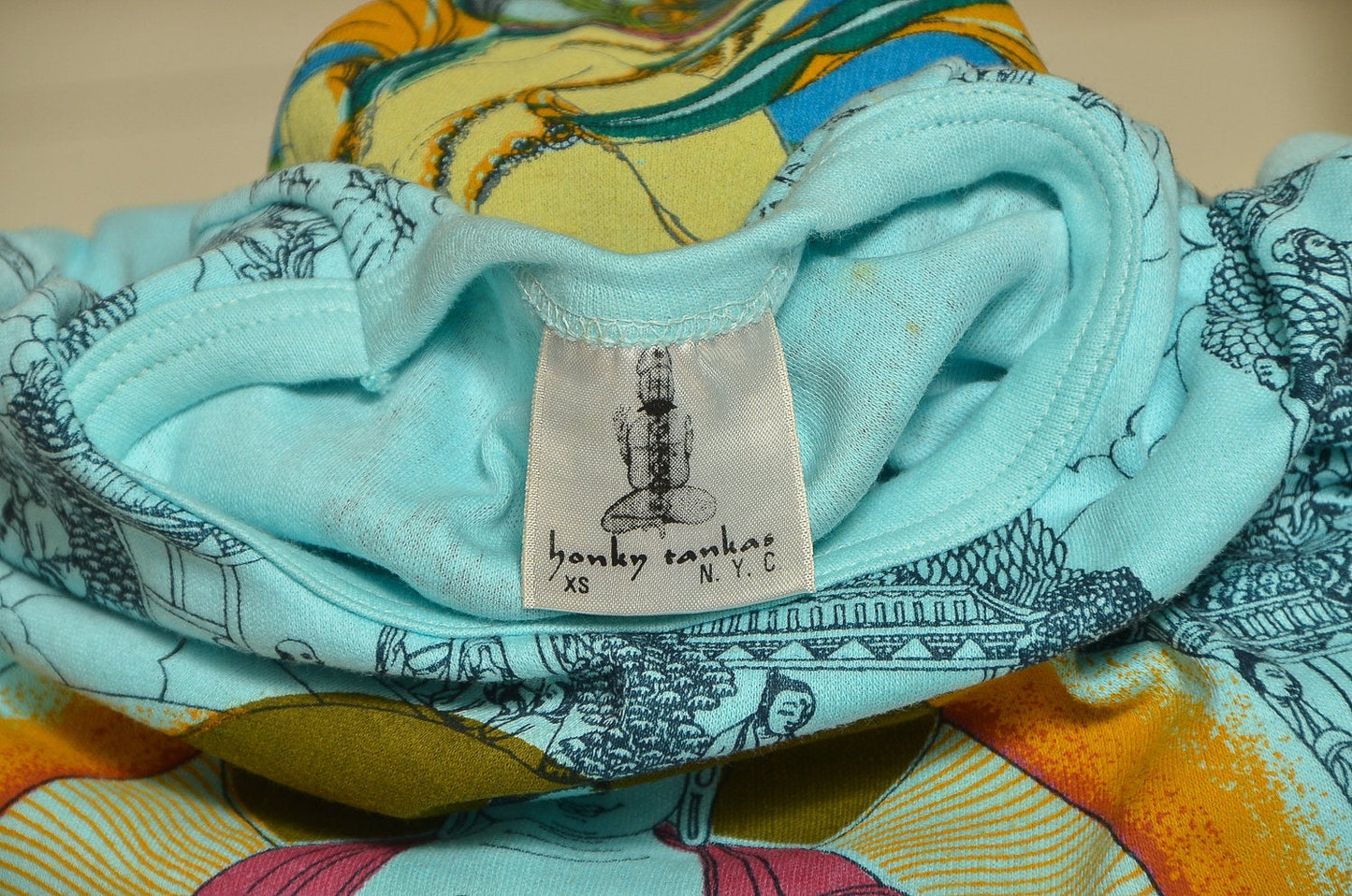 Vintage Tibetan Buddhism Hand Blocked All Over Print Turquoise Long Sleeve Cotton Import T Shirt Deadstock