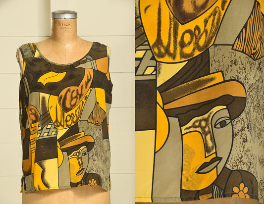 1980s Abstract Art Silk Top Earth Tone Mustard Yellow Modern Picasso Style Tank Top