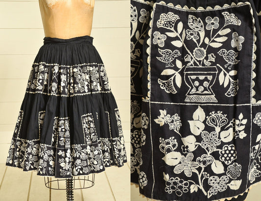 1950s Folk Art Circle Skirt Black & White Cotton Rockabilly Pinup Souvenir Skirt