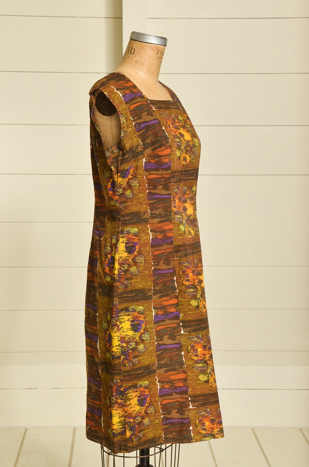 1960s Earth Tone Waterprint Dress Mosaic Novelty Print Cotton Midi Dress