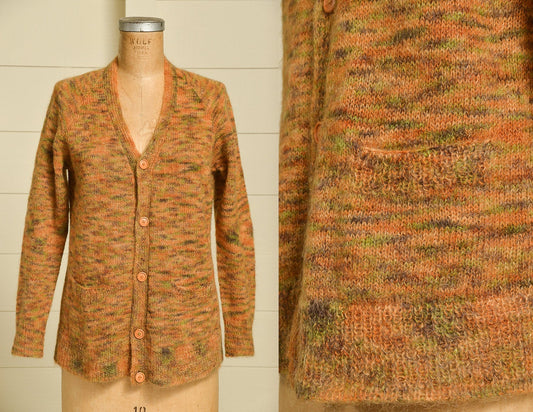 1960s Mohair Cardigan Sweater Space Dye Button Down Pouch Pocket Cardigan Sweater