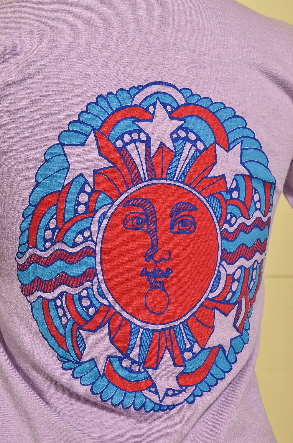 1970s Psychedelic Novelty T Shirt Purple Single Pocket Hippie Sun T Shirt