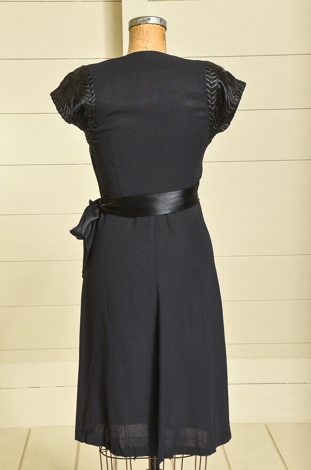 1940s Rayon Deco Dress Silk Stitched Sleeves Belted Cocktail Dress