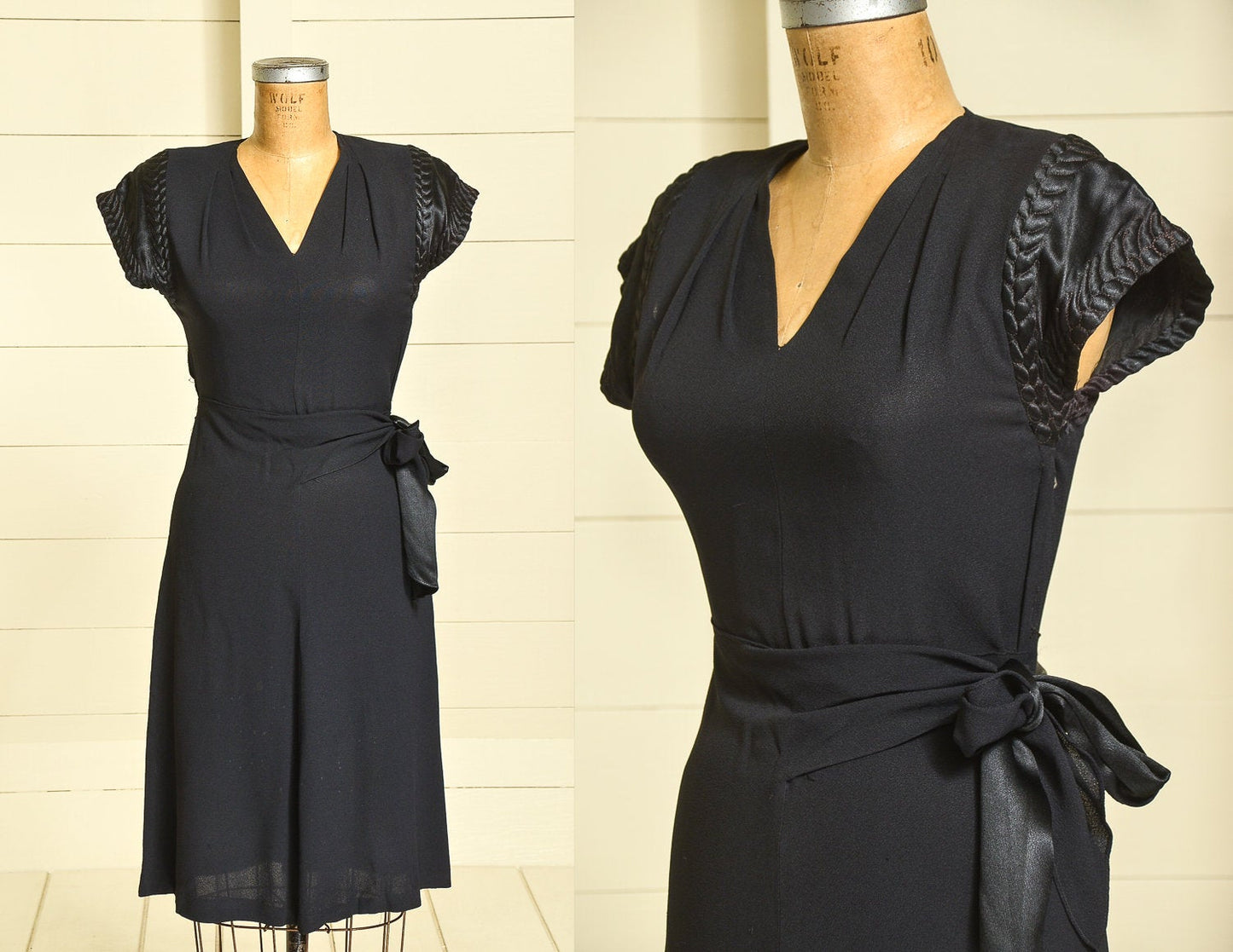 1940s Rayon Deco Dress Silk Stitched Sleeves Belted Cocktail Dress