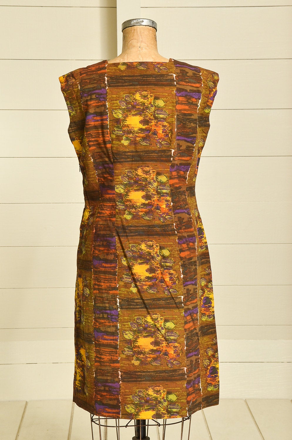 1960s Earth Tone Waterprint Dress Mosaic Novelty Print Cotton Midi Dress