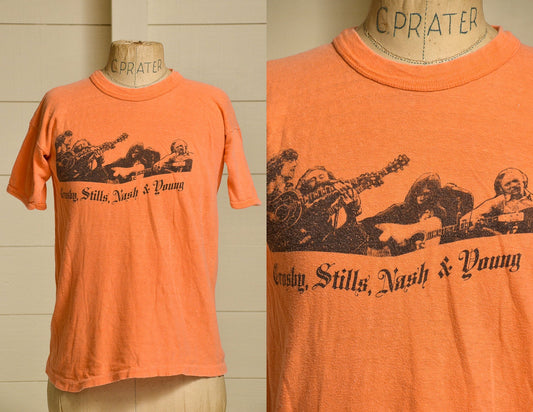 1970s Crosby Stills Nash & Young Orange Cotton T-Shirt