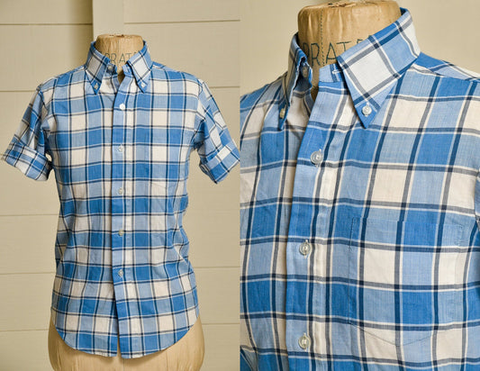 1960s Blue Plaid Short Sleeve Single Pocket Perma-Prest Dress Shirt