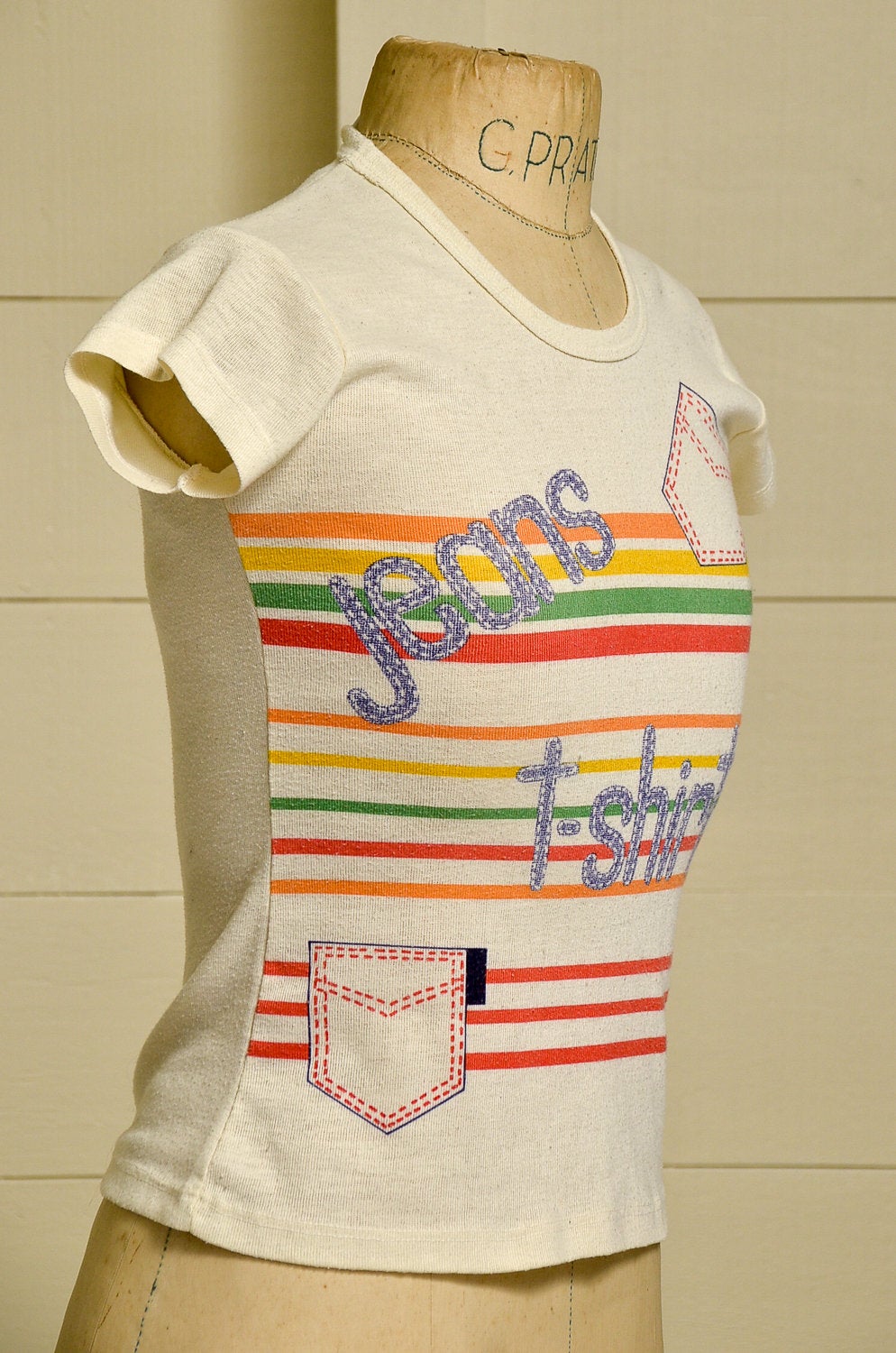 1970s Jeans T Shirt Novelty Striped Thin Graphic T Shirt