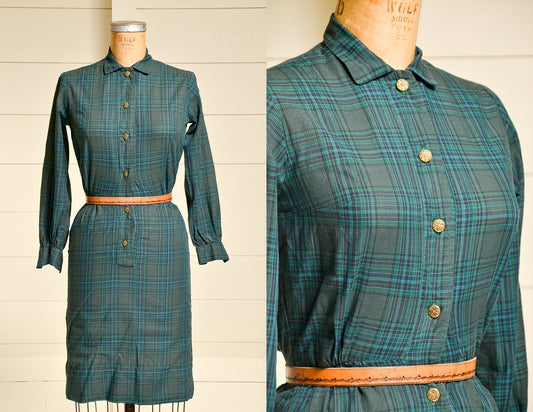 1950s Tartar Dress Green Plaid Cotton Button Down School Dress