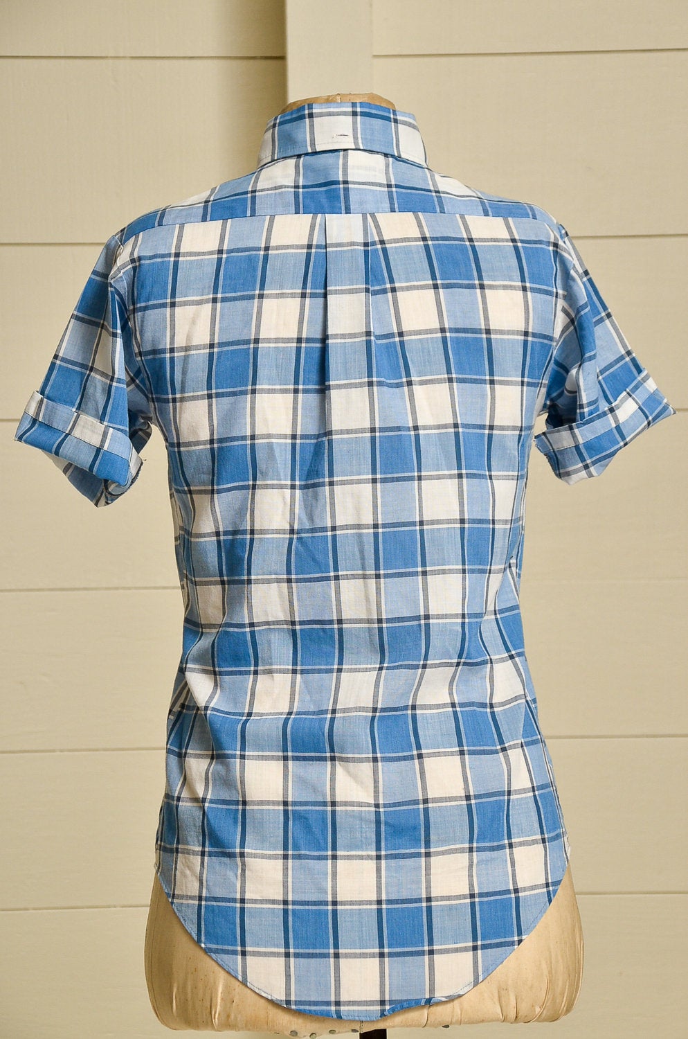 1960s Blue Plaid Short Sleeve Single Pocket Perma-Prest Dress Shirt