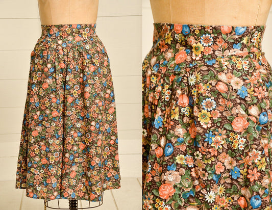 1970s Prairie Skirt Brown & Rust Floral Bouquet Print Western Dress