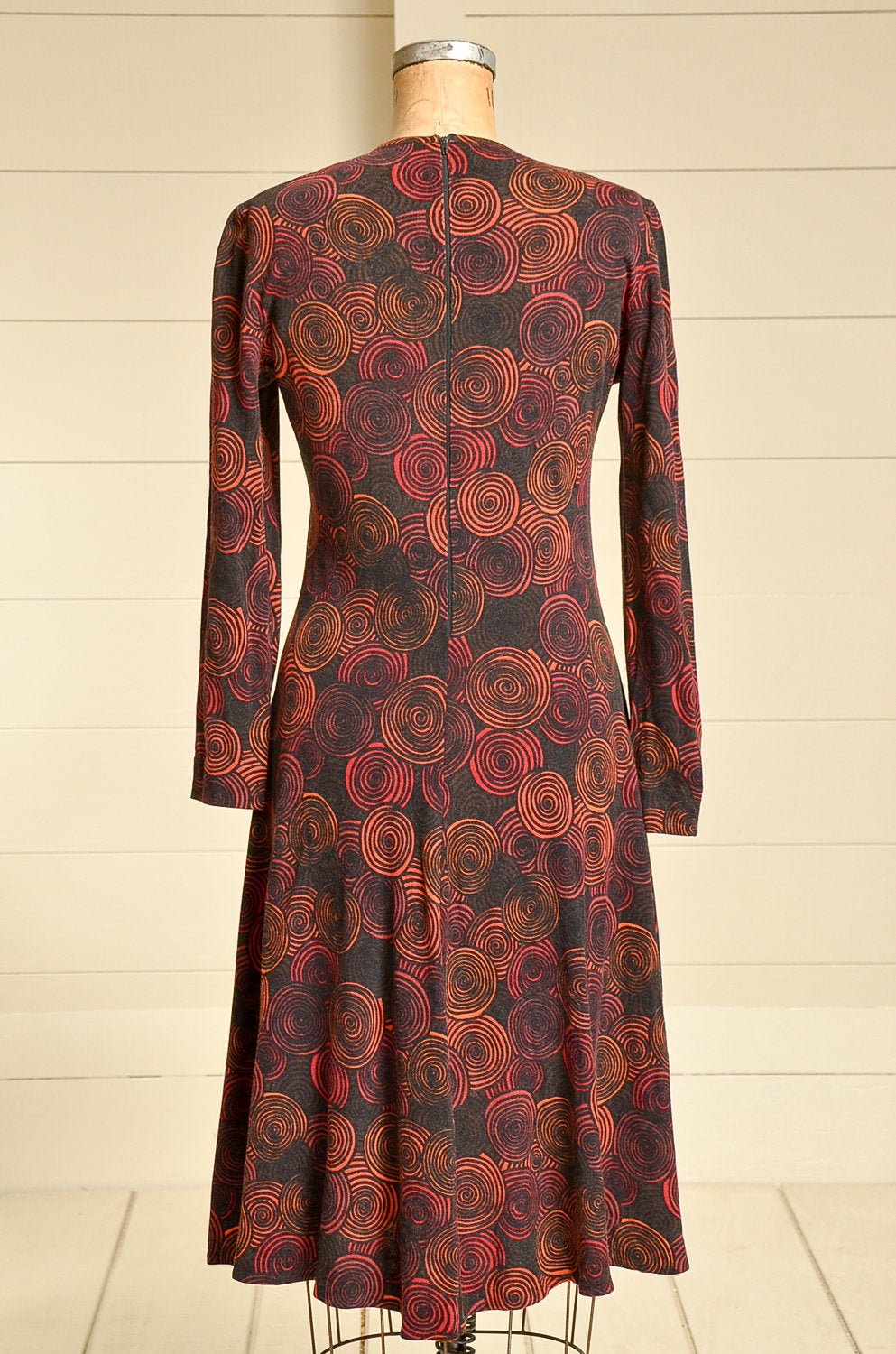 1960s Pop Art Knit Dress Novelty Print Dress Rust Spiral Knit Long Sleeve Dress