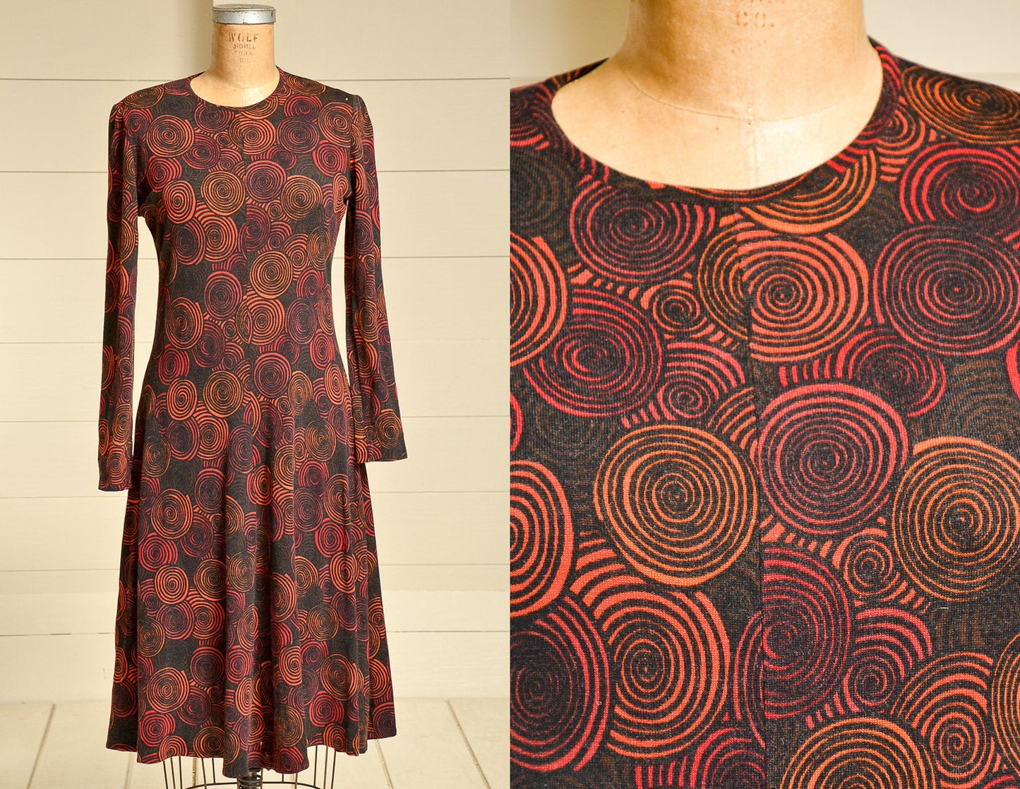 1960s Pop Art Knit Dress Novelty Print Dress Rust Spiral Knit Long Sleeve Dress