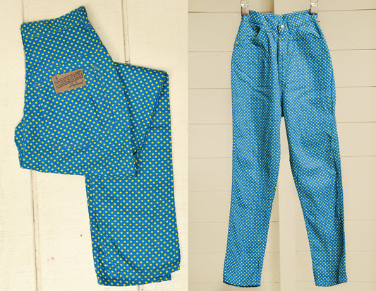 1960s Polka Dot High Waisted Cotton Denim Ranch Jeans 23 x 26