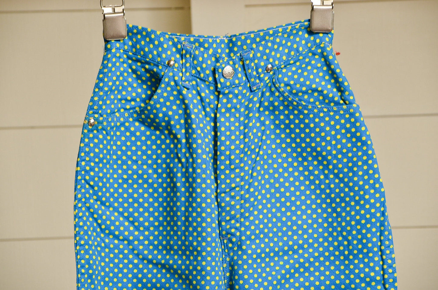 1960s Polka Dot High Waisted Cotton Denim Ranch Jeans 23 x 26