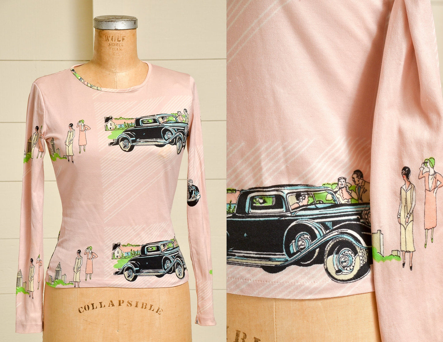 1970s Novelty Print Flappers w/ Rolls Royce All Over Print Long Sleeve Top