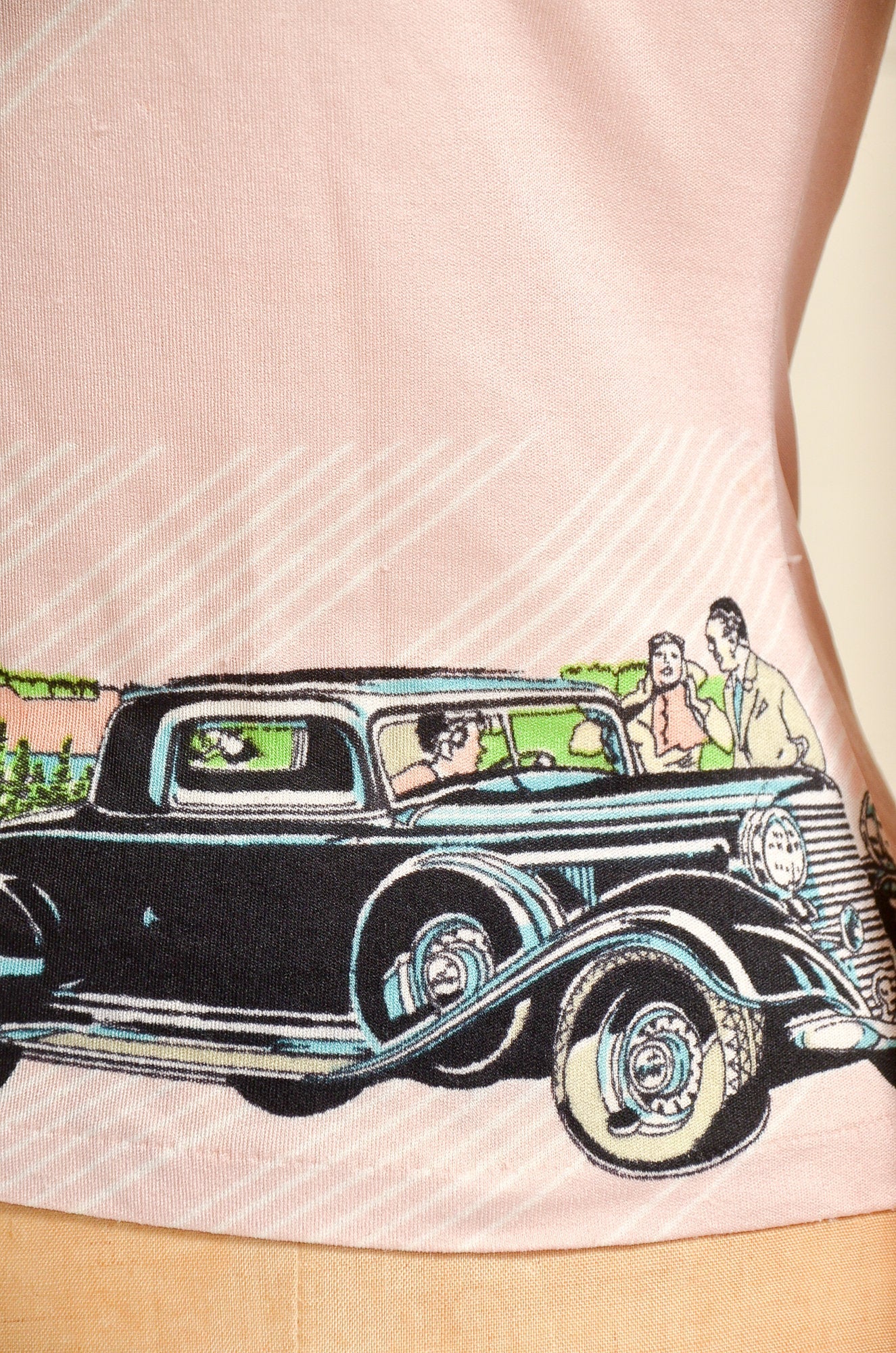 1970s Novelty Print Flappers w/ Rolls Royce All Over Print Long Sleeve Top